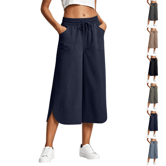 Barrel Pants for Women Cropped Linen Capris Petite Drawstring Wide Leg Cotton 2026 Casual Summer Boho Baggy Palazzo Pull On Trousers Navy L