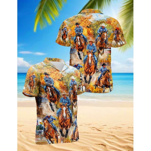 Barrel Racing Hawaiian Shirt for Men, Button Down Summer Beach Short Sleeve, Western Style, Sizes S-5XL
