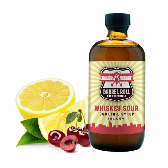 Barrel Roll Bar Essentials Cocktail Mixers - Whiskey Sour Cocktail Mix - All-Natural Whiskey Sour Drink Mix - USA Handcrafted Cocktail Syrups - Small Batch Cocktail Bitters w/ Cane Sugar - 8 Ounce