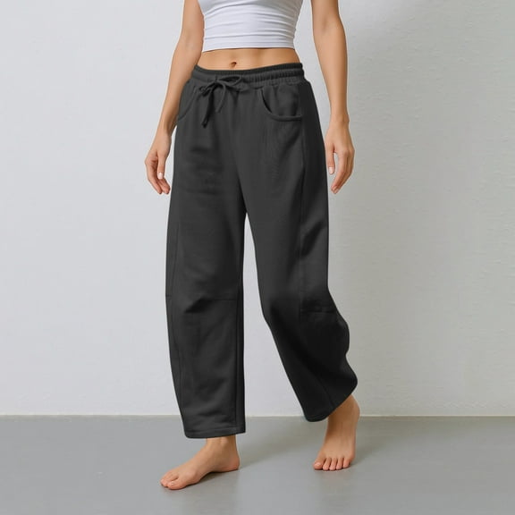 Barrel Sweatpants Women Baggy Barrel Pants Wide Leg Drawstring Fall Casual Lounge Pants with Pockets Black S
