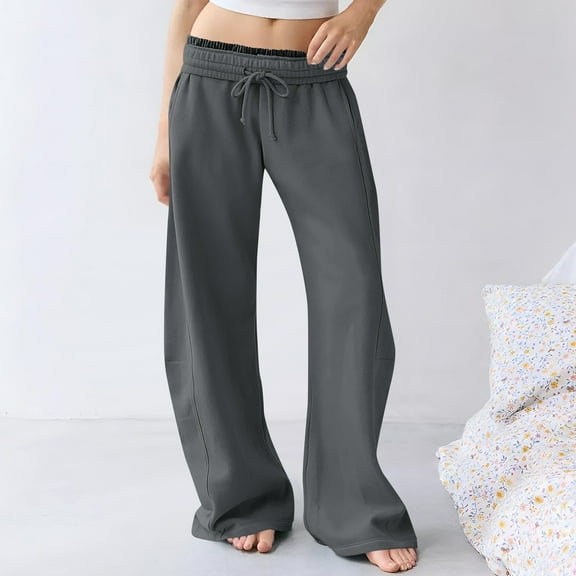 Barrel Sweatpants for Women Baggy Wide Leg Oversized Low Rise Interior Drawstring Lounge Pant with Pockets New Womens Comfy Pants for Work Dark Gray L