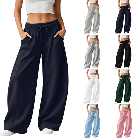 Barrel Sweatpants Women Elastic Waist Drawstring Pocket Wide Leg Sweatpants Baggy Petite Lightweight Pull On Lounge Pants