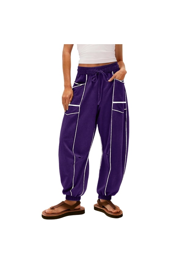 Barrel Sweatpants Women High Waist Drawstring Elastic Waist Contrast Stitch Patchwork Lounge Pants Baggy Jogger Pants with Pockets Purple 2XL