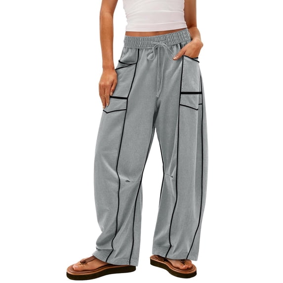 Barrel Sweatpants Women High Waisted Drawstring Baggy Fall Lounge Pants Wide Leg Contrast Patchwork Trousers with Pockets