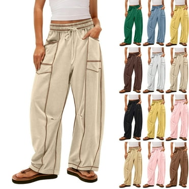 Barrel Sweatpants Women High Waisted Wide Leg Lounge Pants Summer Drawstring Waist Contrast Patchwork Pants w/Pockets Khaki L