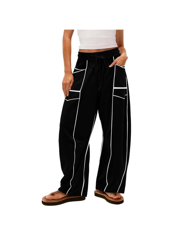 Barrel Sweatpants Women High Waisted Wide Leg Lounge Pants Summer Drawstring Waist Contrast Patchwork Pants with ockets(Black,XXL)