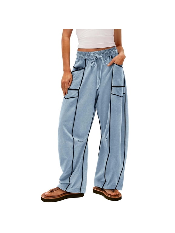 Barrel Sweatpants Women High Waisted Wide Leg Lounge Pants Summer Drawstring Waist Contrast Patchwork Pants with ockets(Light Blue,XL)