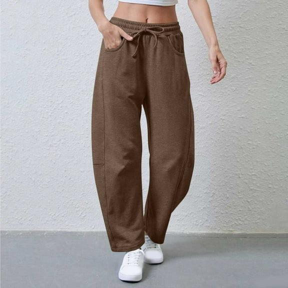 Barrel Sweatpants for Women's Solid Barrel Wide Leg Sweatpant Drawstring Elastic Waisted Wide Leg Pants Casual Baggy Cotton Comfy Y2K Workout Baggy Sweatpants Trousers With Pockets