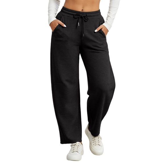 Barrel Sweatpants for Womens Loose Wide Leg High Waisted Sweat Pants Casual Lounge Sport Pants with Pockets Black L