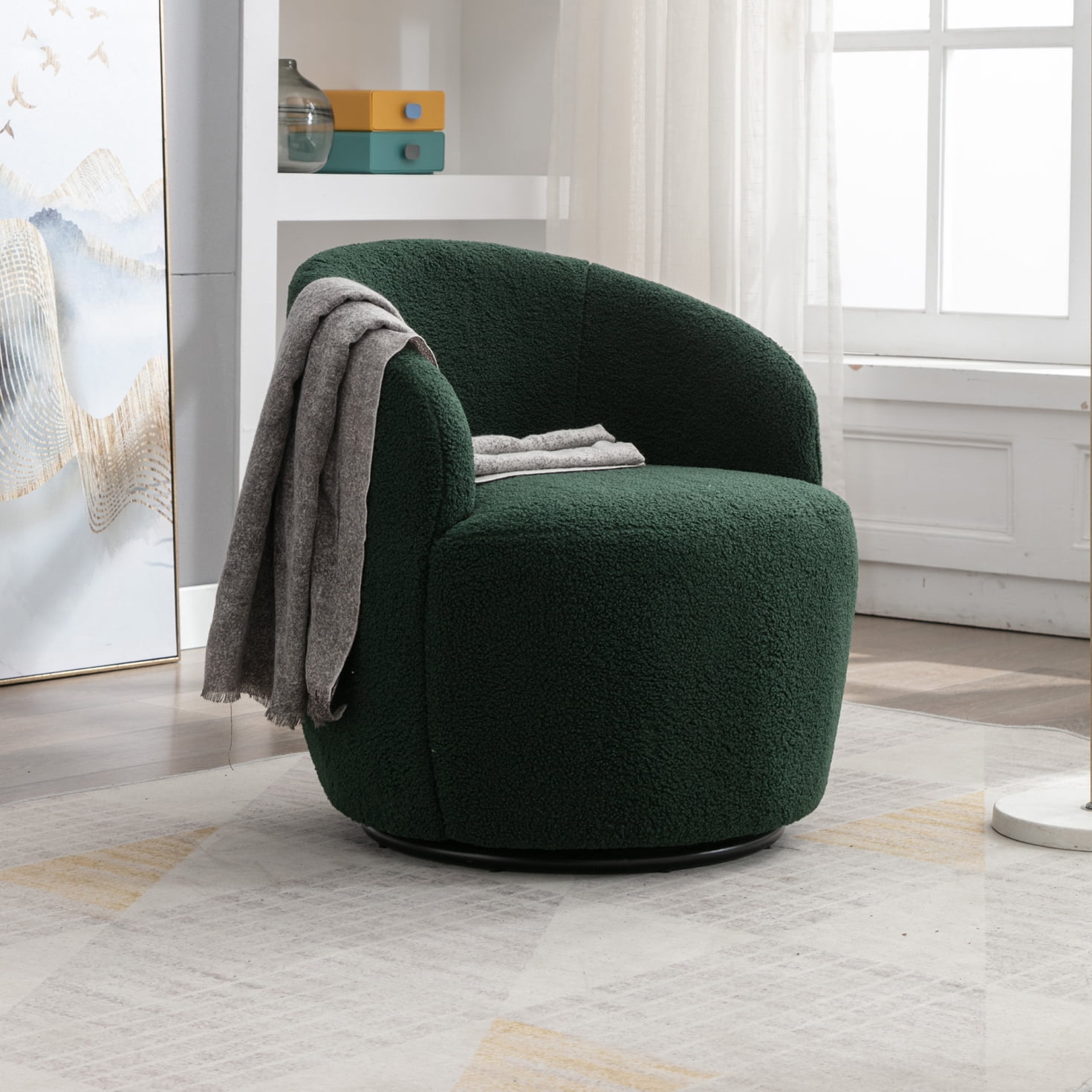 Barrel Swivel Chair, Teddy Fabric Accent Chairs with Backrest and