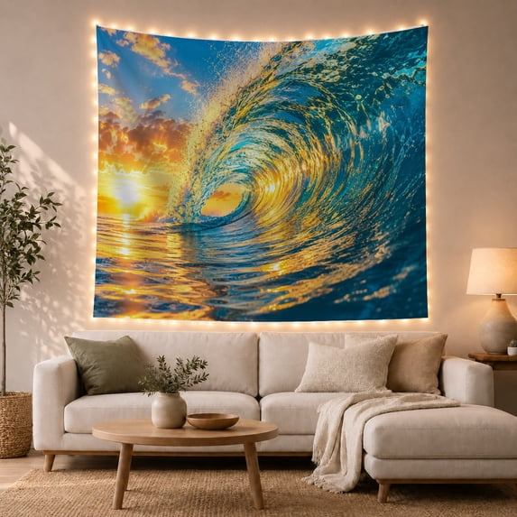 Barrel Wave Around a Sunlit Ocean Horizon, Adventurous Digital Art for Beach Lovers, Coastal Home Decor, Housewarming Gift, Tapestry Wall Hanging for Bedroom and Living Room