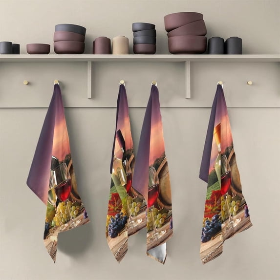 Barrel Wineglasses Bottle Tea Towels Set of 6 Vineyard Sunset Kitchen Dish Cloth with Hanging Loop, 18"x28"Lint-Free Absorbent Towel for Kitchen Drying Wiping and Cleaning