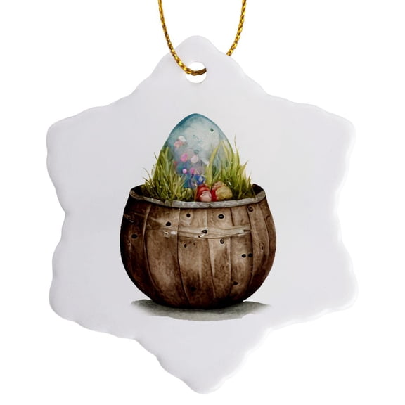 3drose, Barrel with a Pretty Easter Egg Illustration, 3 inch Snowflake Porcelain Ornament