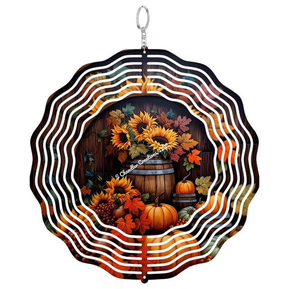 Barrel With Fall Flowers 3D Wind Spinner Pumpkin Sunflower Harvest Garden Art