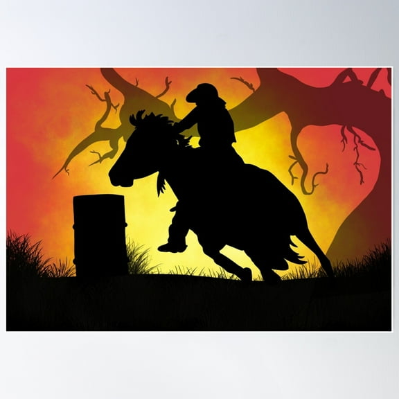 Barrel racer cowgirl sunset silhouette Poster, 16x24 UNFRAMED