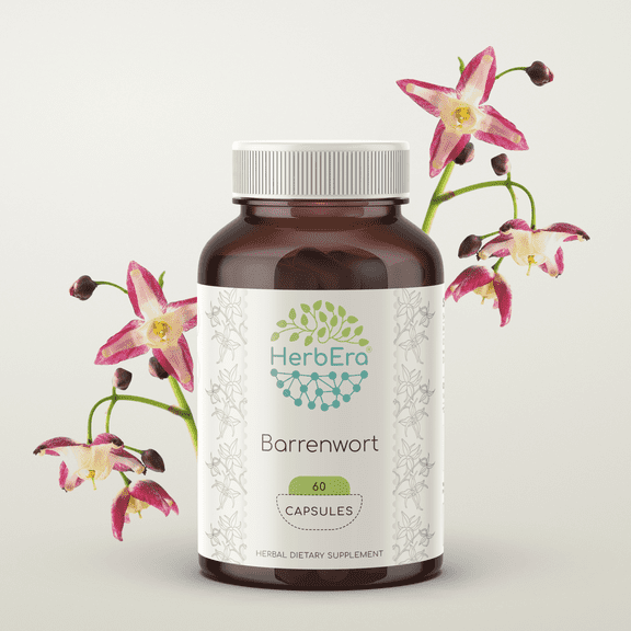 HerbEra Barrenwort Capsules, Herbal Dietary Supplement for Energy Support, Barrenwort (Epimedium Grandiflorum) Dried Leaf Capsules, Natural, 60 Capsules