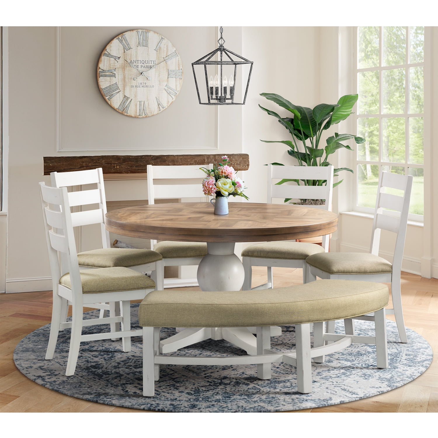 Barrett Round Taupe Upholstered 6PC Dining Set with Bench