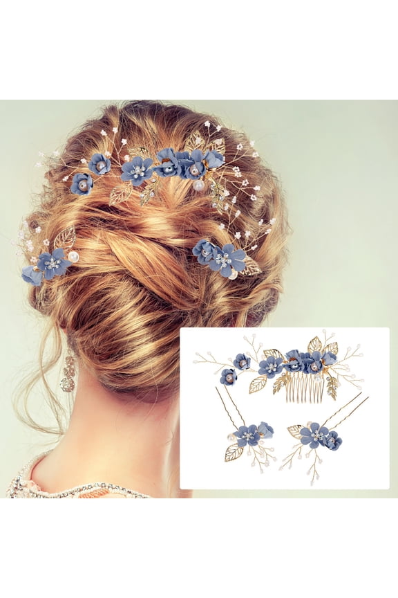Barrettes Wedding Hair Comb Blue Flower Bridal Pearl Hair Accessories for Bride and Bridesmaids Wedding Hair Piece