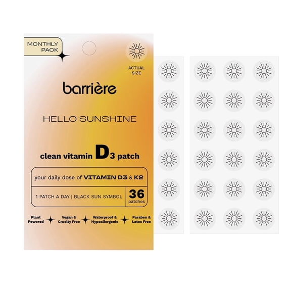 Barrire Hello Sunshine Vitamin D3 + K2 Patches, 36 Count - Vegan, Waterproof, Hypoallergenic Vitamin D Patch, Slow Release, Easy to Use, Vitamin D3 Patch For Adults & Teens 12+