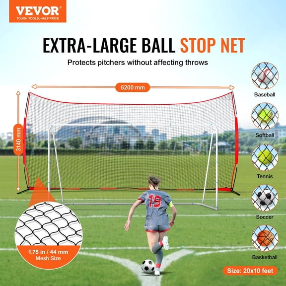 Barricade Backstop Net,20x10 ft Ball Sports Barrier Netting,Portable Practice Equipment with Carry Bag,Protection Screen for Baseball Softball Lacrosse Soccer Hockey Training,for Backyard