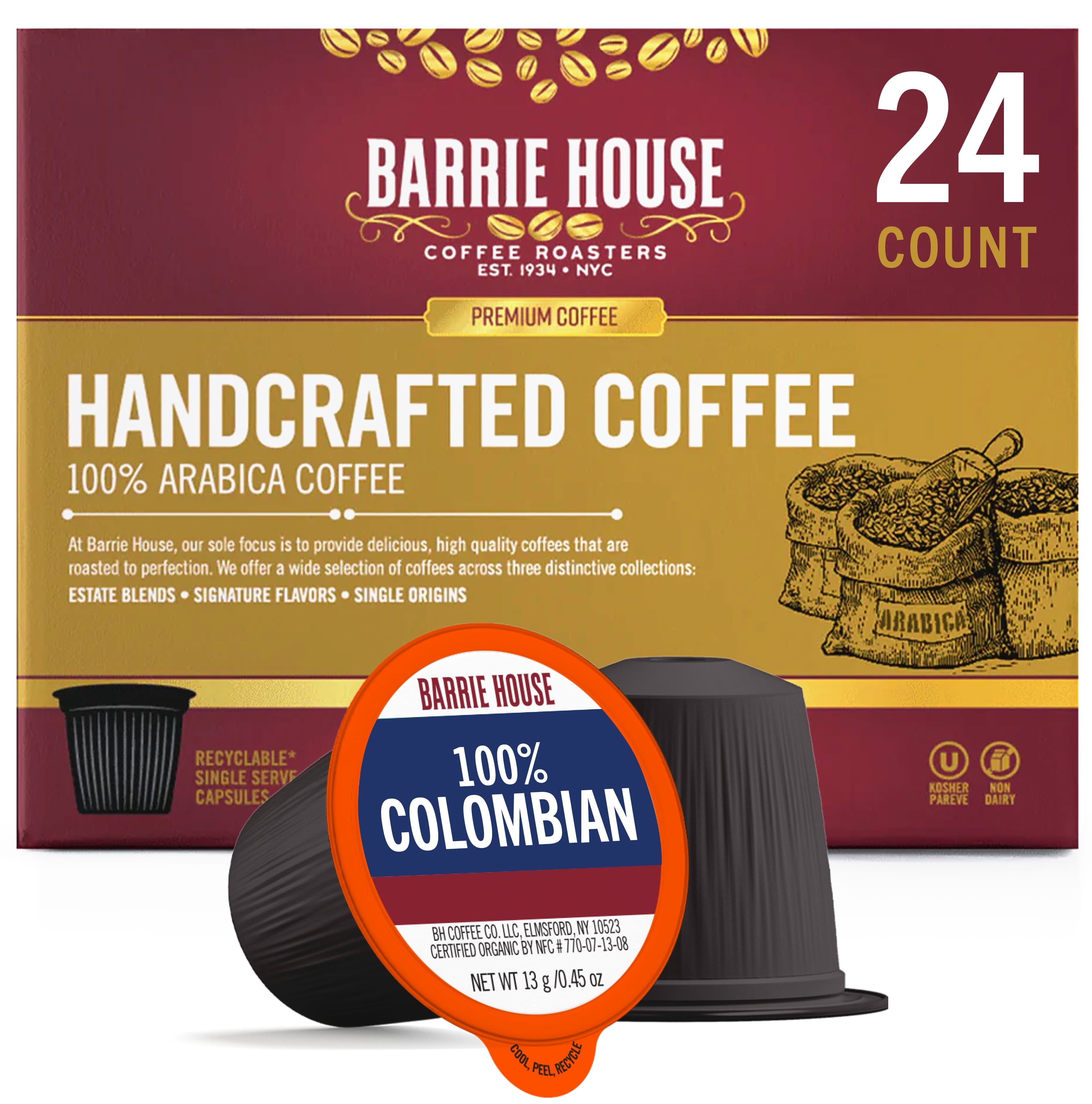 Barrie House 100% Colombian Single Serve Coffee Pods Gourmet K-Cups, Medium Roast, 100% Arabica, 24 ct