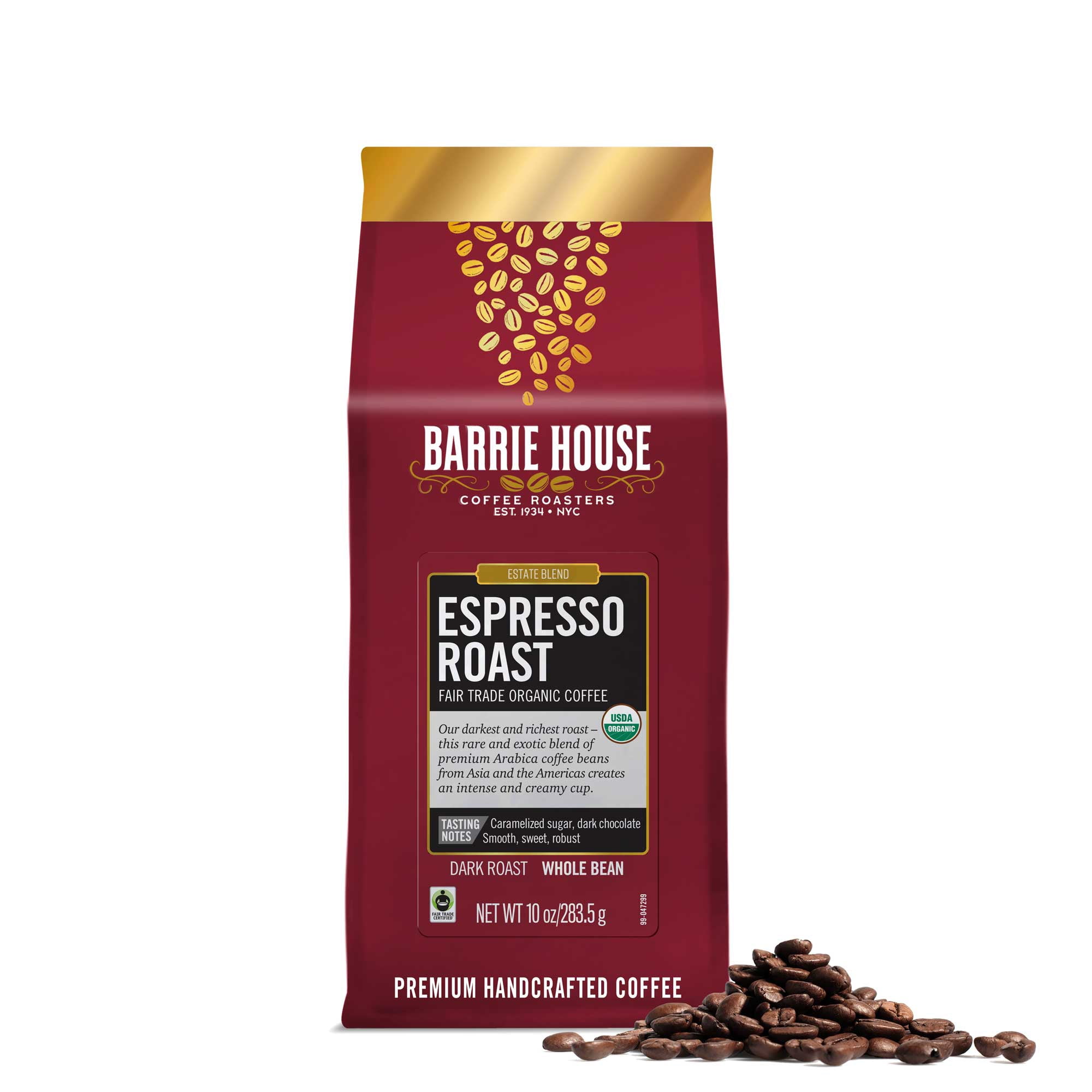 Barrie House Espresso Roast Whole Bean Coffee, Organic, Dark Roast, 100% Arabica, 10 oz
