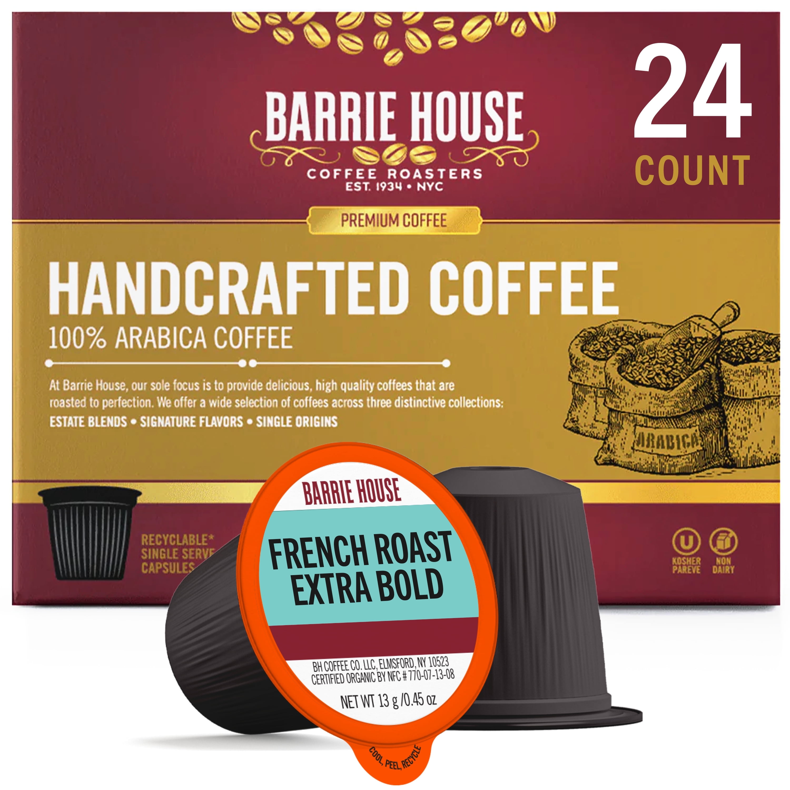 Barrie House French Roast Extra Bold Single Serve Coffee Pods K-Cups, Organic, Dark Roast, 100% Arabica, 24 ct