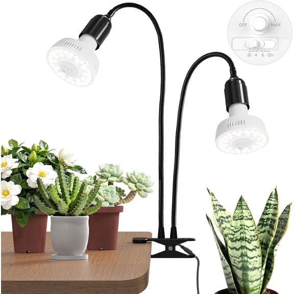 Barrina Orbgrow OG11A2 Clip On Grow Lights for Indoor Plants Integrated Stepless Dimming & Timing 5000K 22W(2 x 11W, 200 Watt Equiv) Full Spectrum 2-Gooseneck with E26 Plant Light Bulbs