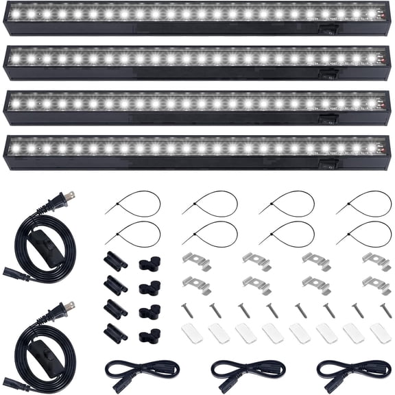 Barrina 4-Pack T5 Magnetic Grow Lights 5000K Full Spectrum Grow Lamps 1FT LED Plant Light Black Cover LED Grow Light Strips 3 Mounting Modes Plug and Play