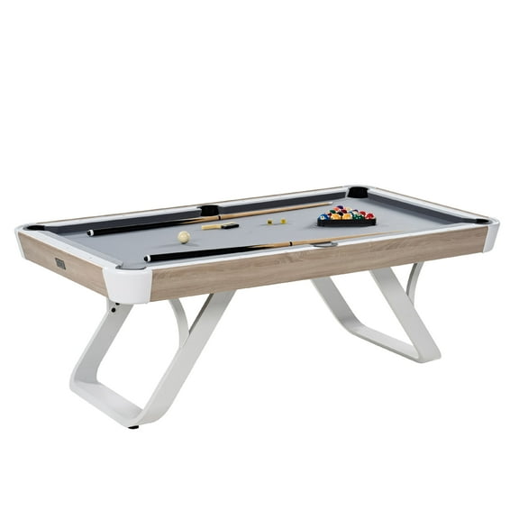 Barrington Billiards Camden 7 ft Pool Table with White Metal Legs, Wood Grain Finish, Velvet Playfield, 18mm Surface, Complete Accessories