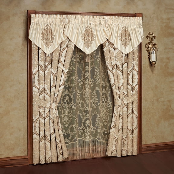 Barrington Damask Medallion Window Set, Light Gold, 3 Ascot Valances & 84L Curtain Pair