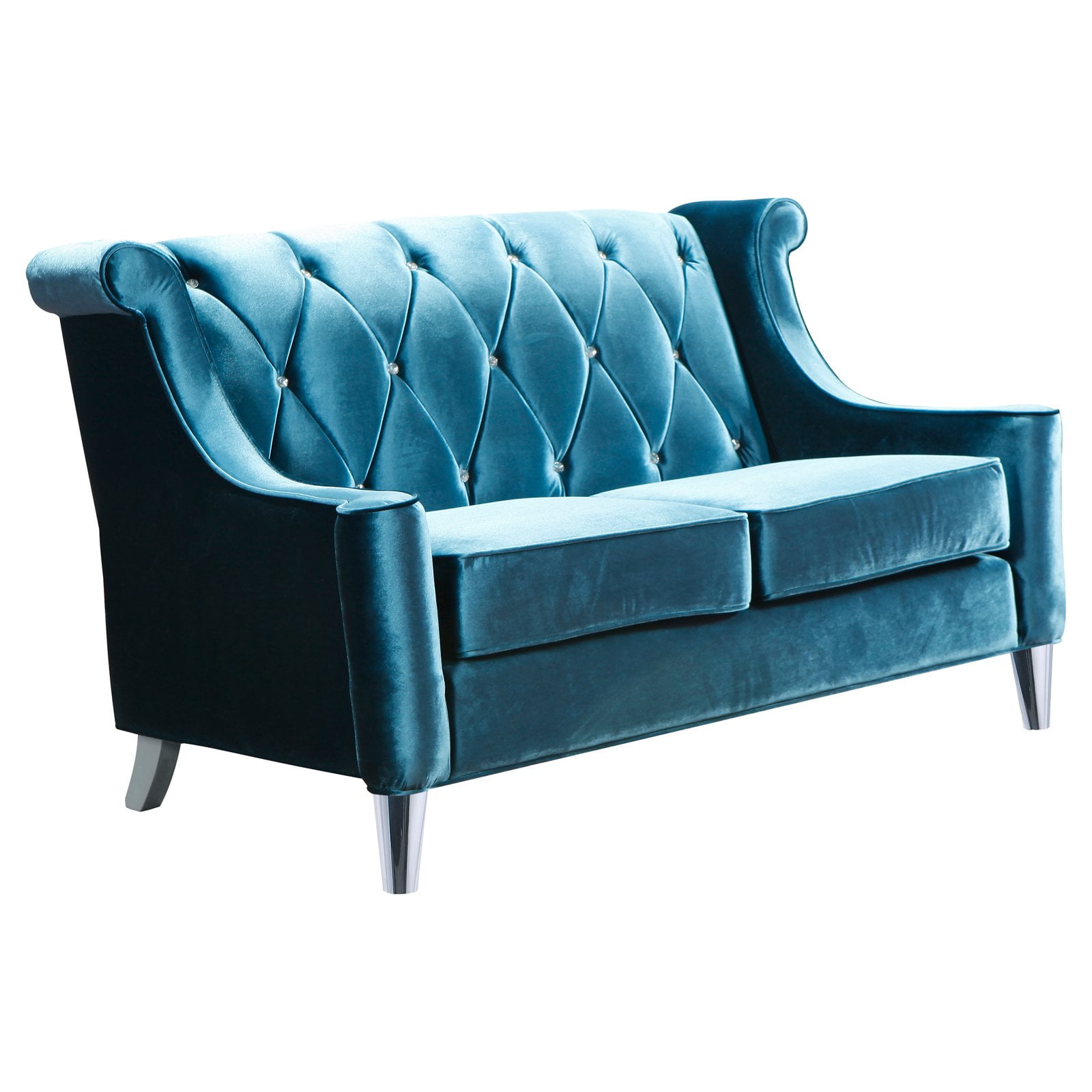 Barrister Blue Velvet Loveseat Crystal Buttons Chrome Legs