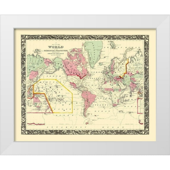 Barrow 32x26 White Modern Wood Framed Museum Art Print Titled - World American Continent Mercator Projection