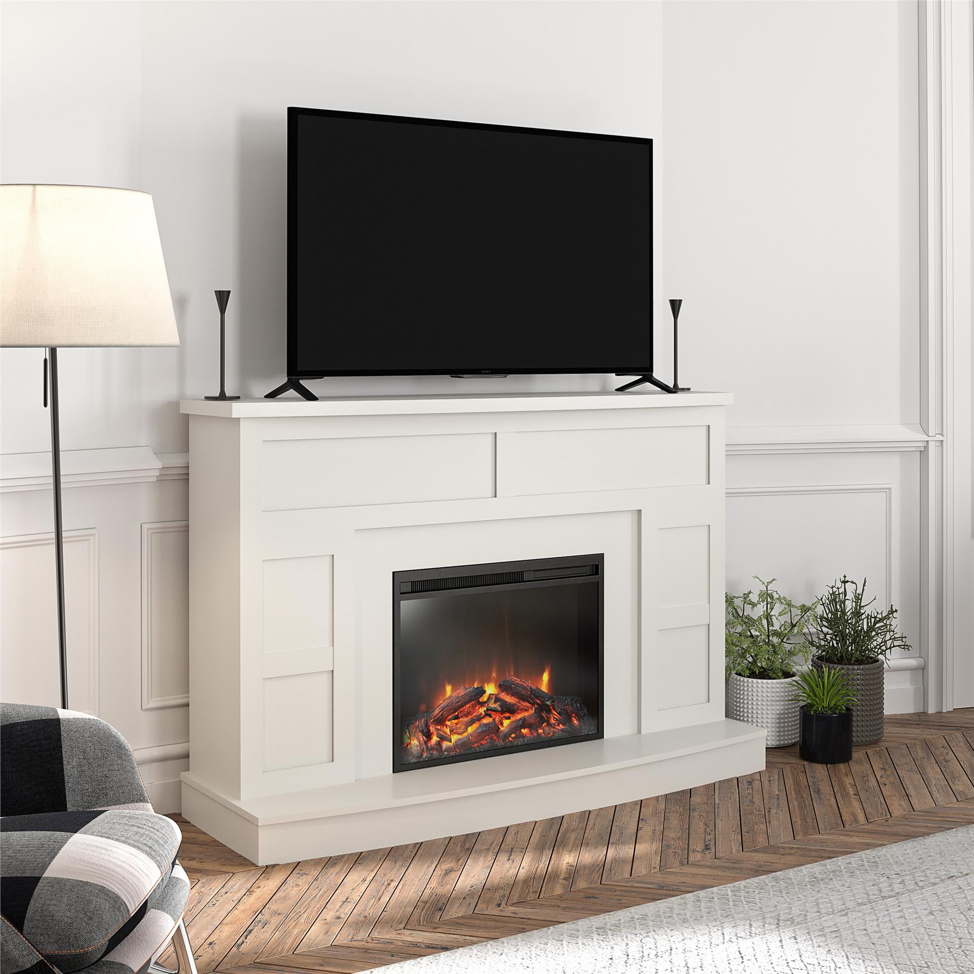 White Laminate Electric Fireplace Mantel TV Stand, 53.5" Wide