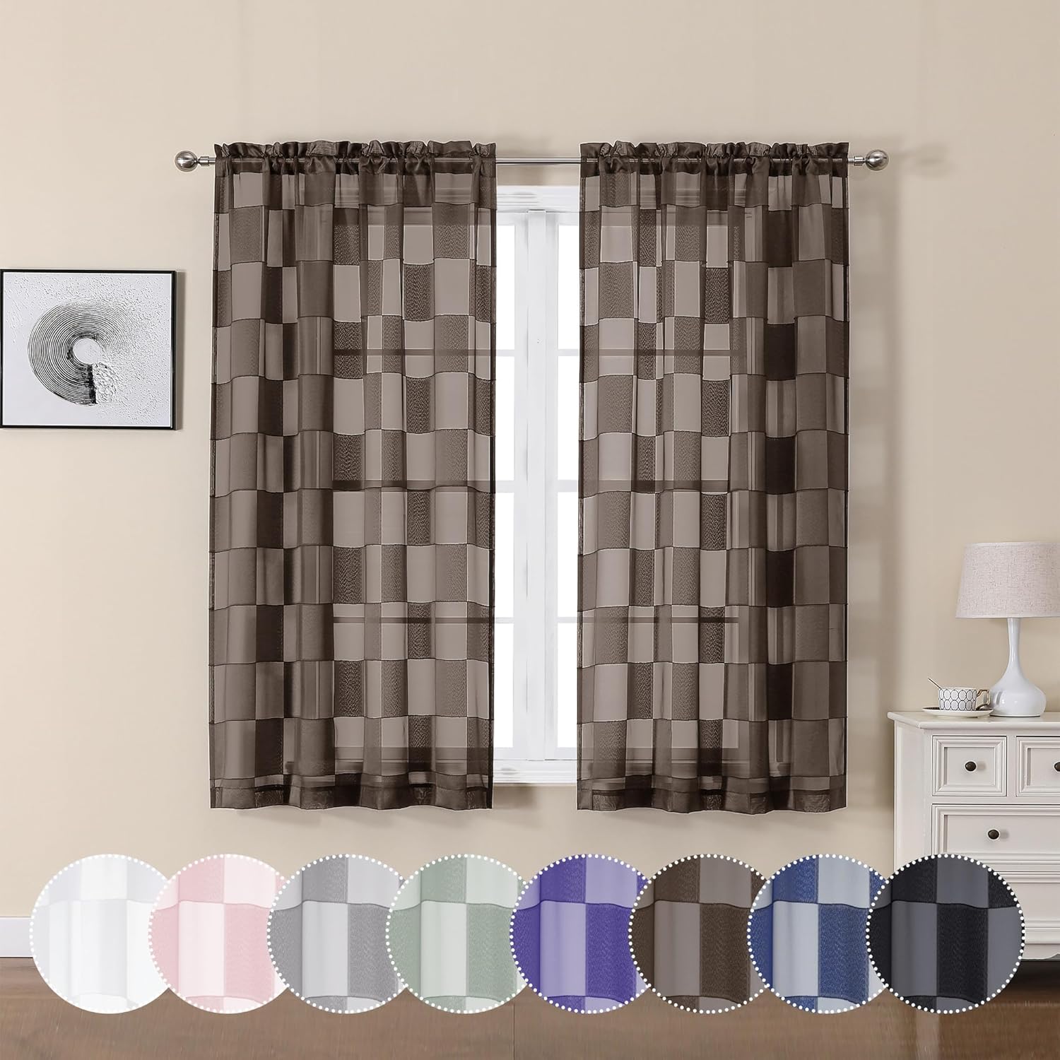 Barry Brown Curtains 54 Inches Long 2 Panels - Privacy Soft Checkered ...