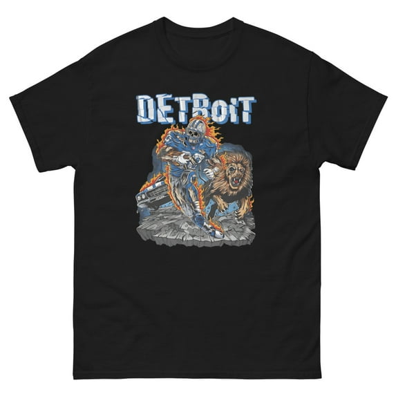 Barry Sanders Vintage Skeleton Graphic Tee - Detroit Football with Lion & Flames (Black, S)