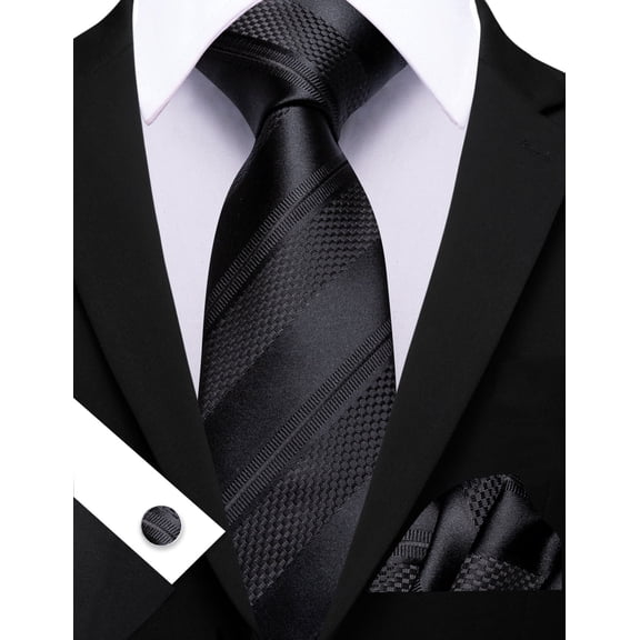 Barry.Wang Black Silk Ties for Men Sets Woven Pure Striped Formal Necktie Pocket Square Cufflinks Wedding Party 4PCS
