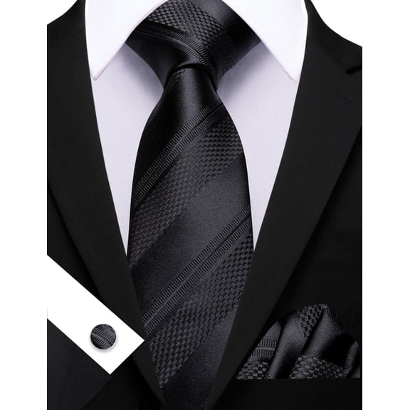 Barry.Wang Black Silk Ties for Men Sets Woven Pure Striped Formal Necktie Pocket Square Cufflinks Wedding Party 4PCS