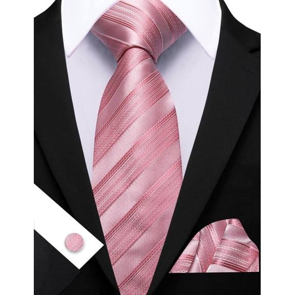 Barry.Wang Blush Pink Silk Ties for Men Sets Woven Pure Striped Formal Necktie Pocket Square Cufflinks Wedding Party 4PCS