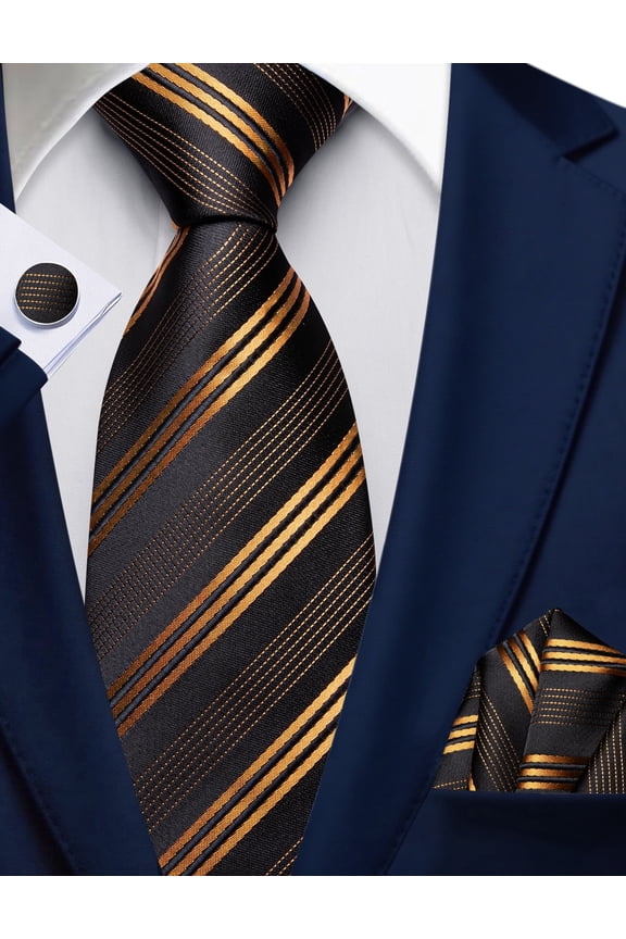 Barry.Wang Golden Silk Ties for Men Sets Woven Black Striped Formal Necktie Pocket Square Cufflinks Wedding Party 4PCS