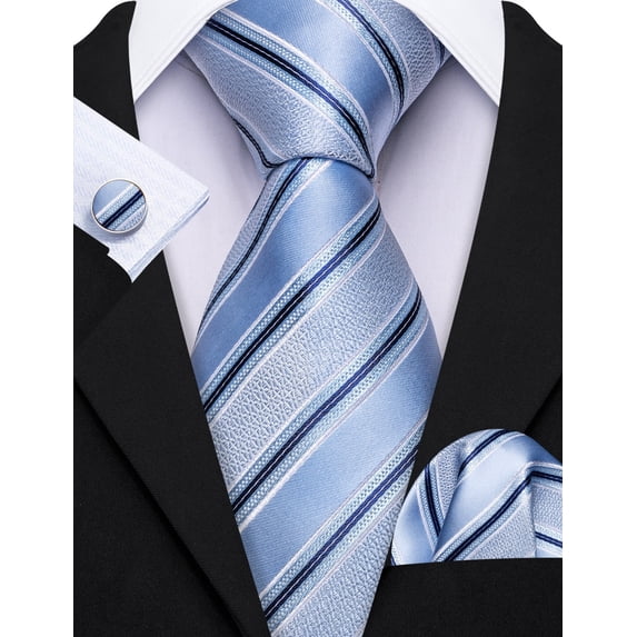Barry.Wang Light Blue Silk Ties for Men Sets Woven Striped Formal Necktie Pocket Square Cufflinks Wedding Party 4PCS