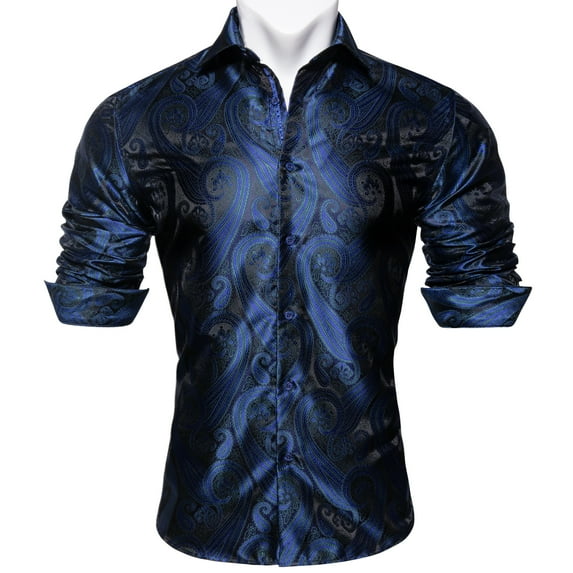 Barry.Wang Men Dress Shirts Paisley Design Woven Silk Dress Shirt Long Sleeve Fashion