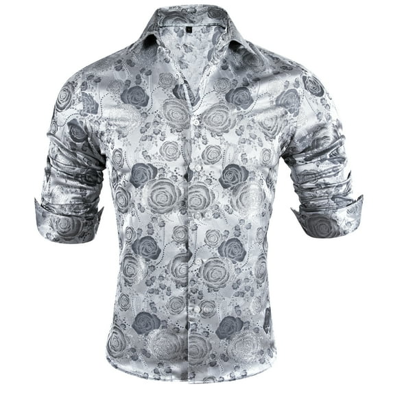 Barry.Wang Men Dress Shirts Paisley Design Woven Silk Dress Shirt Long Sleeve Fashion