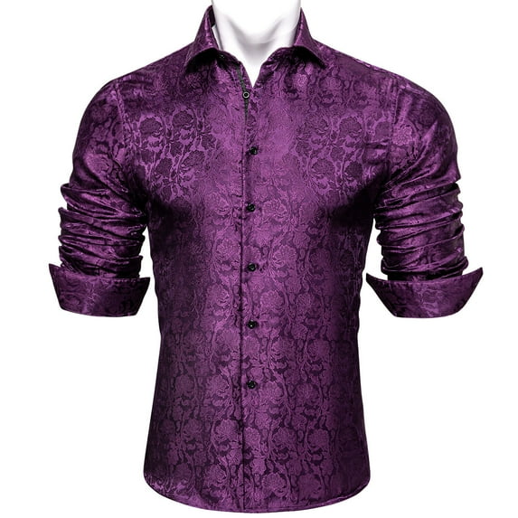 Barry.Wang Men Dress Shirts Paisley Design Woven Silk Dress Shirt Long Sleeve Fashion