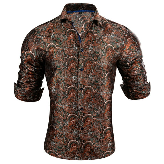 Barry.Wang Men Dress Shirts Paisley Design Woven Silk Dress Shirt Long Sleeve Fashion