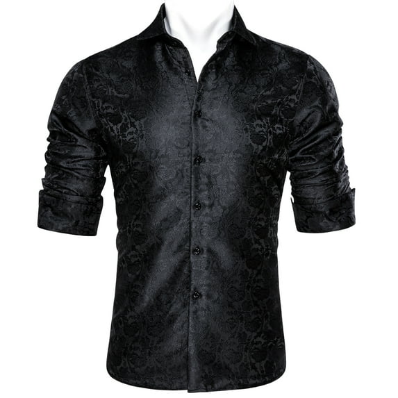 Barry.Wang Men Dress Shirts Paisley Design Woven Silk Dress Shirt Long Sleeve Fashion