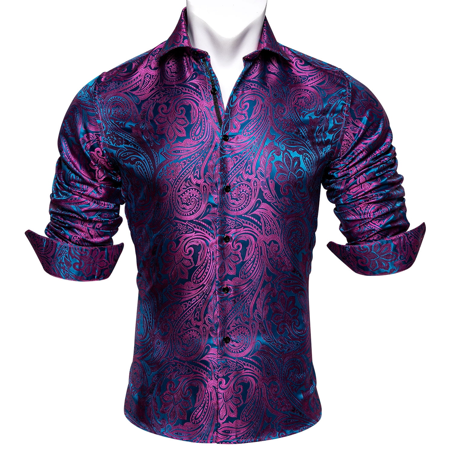 Barry.Wang Men Dress Shirts Paisley Design Woven Silk Dress Shirt