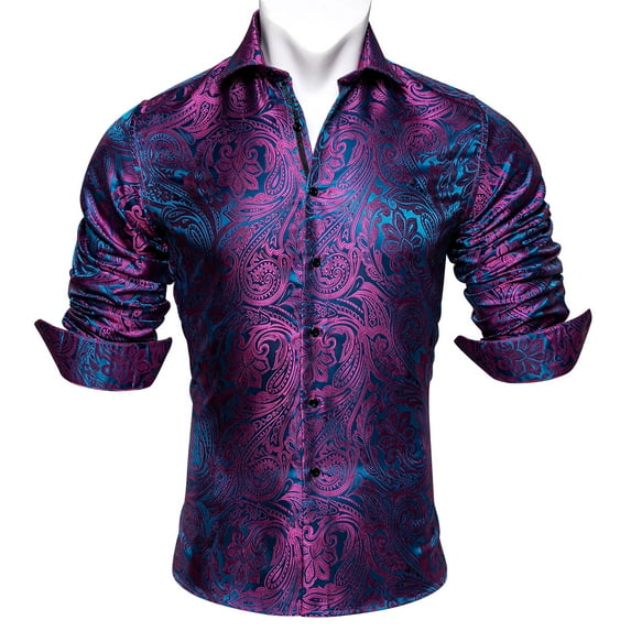 Barry.Wang Men Dress Shirts Paisley Design Woven Silk Dress Shirt Long Sleeve Fashion