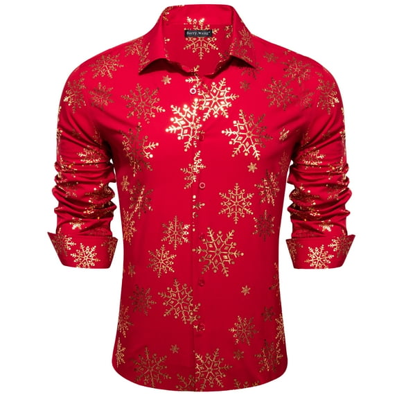 Barry.Wang Men's Christmas Dress Shirts,Cotton Long Sleeve Holiday Shirt for Men Vacation Festival Party Xmas Snow Printed Gold/White/Red