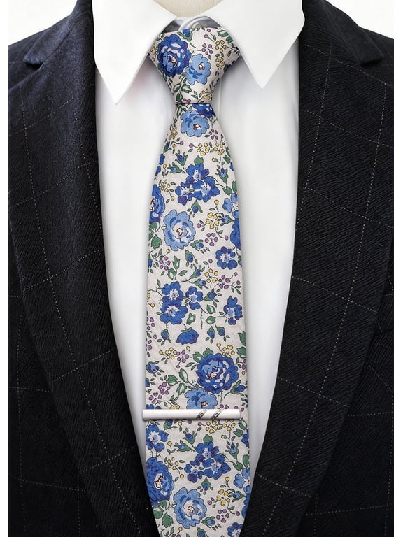 Barry.Wang Men's Cotton Ties Flower 3.15" Necktie Printed Skinny Tie Sets Clip Extra Long Flower Wedding Party Blue